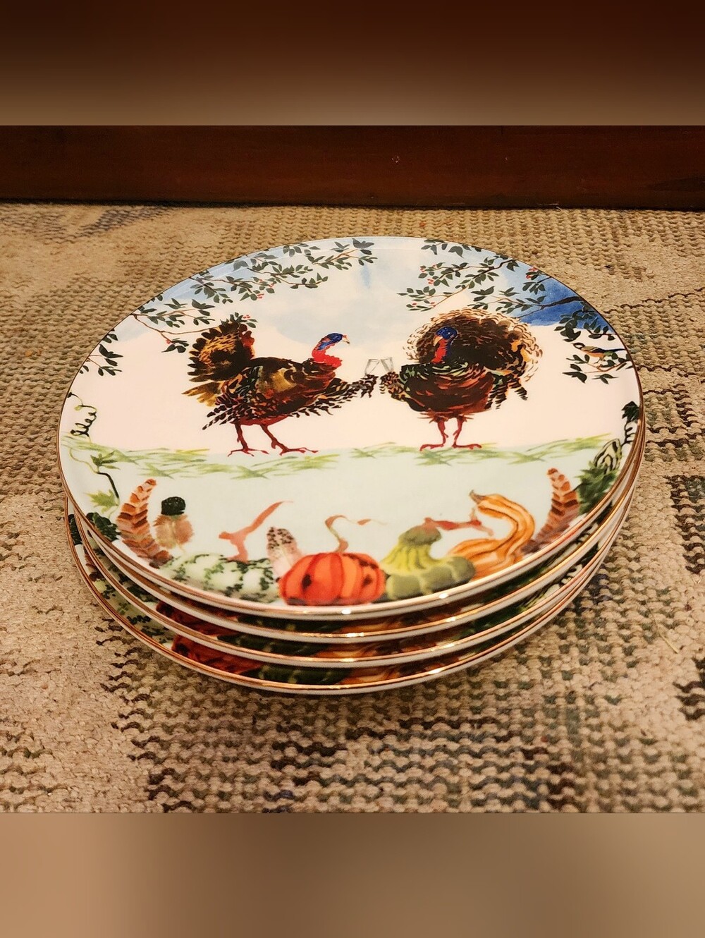 Set of FOUR Anthropologie Inslee Fariss Autumn's Bounty Turkey Side Plate NWT